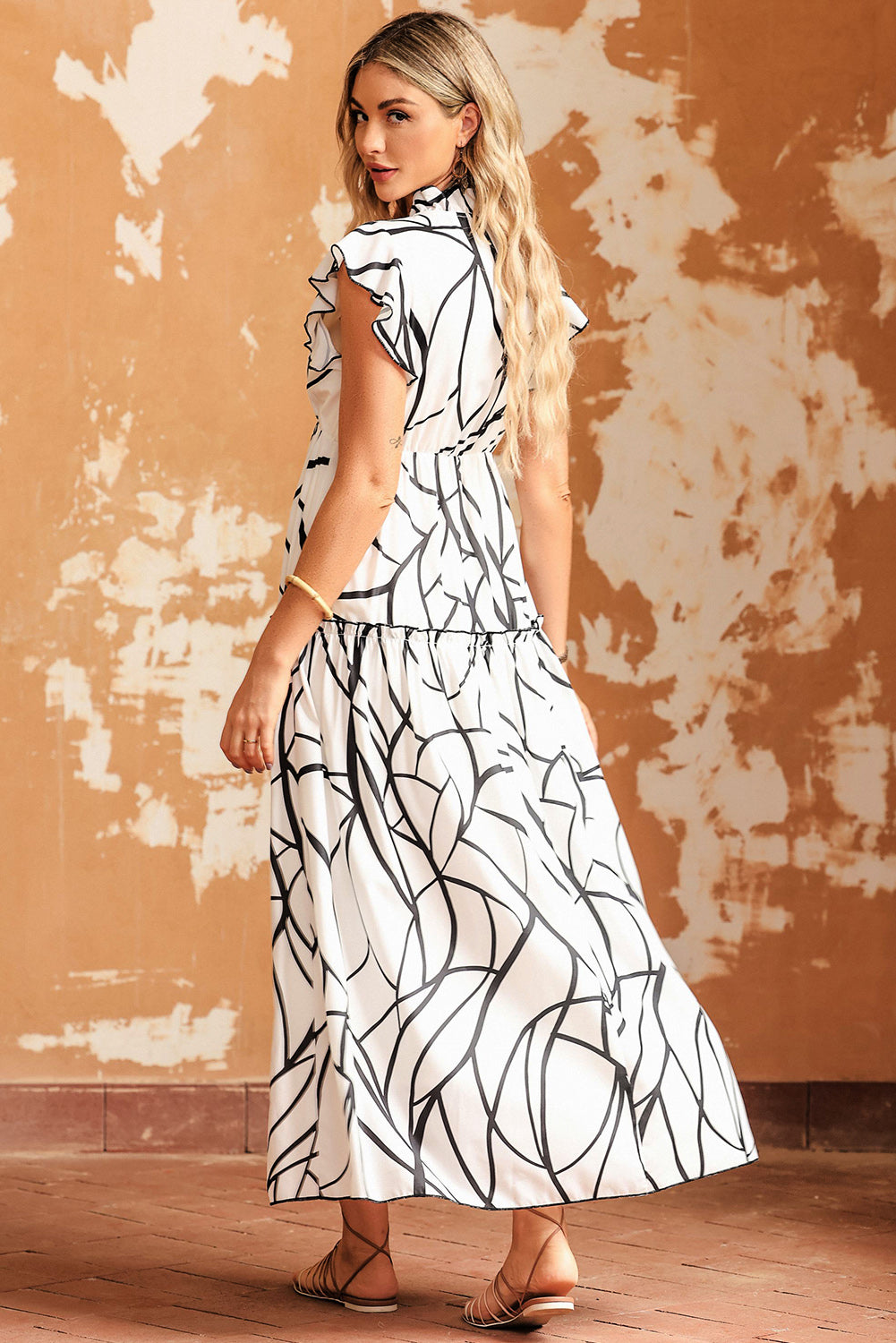 Blue Zone Planet | White Abstract Vein Print V Neck Ruffle Maxi Dress Blue Zone Planet