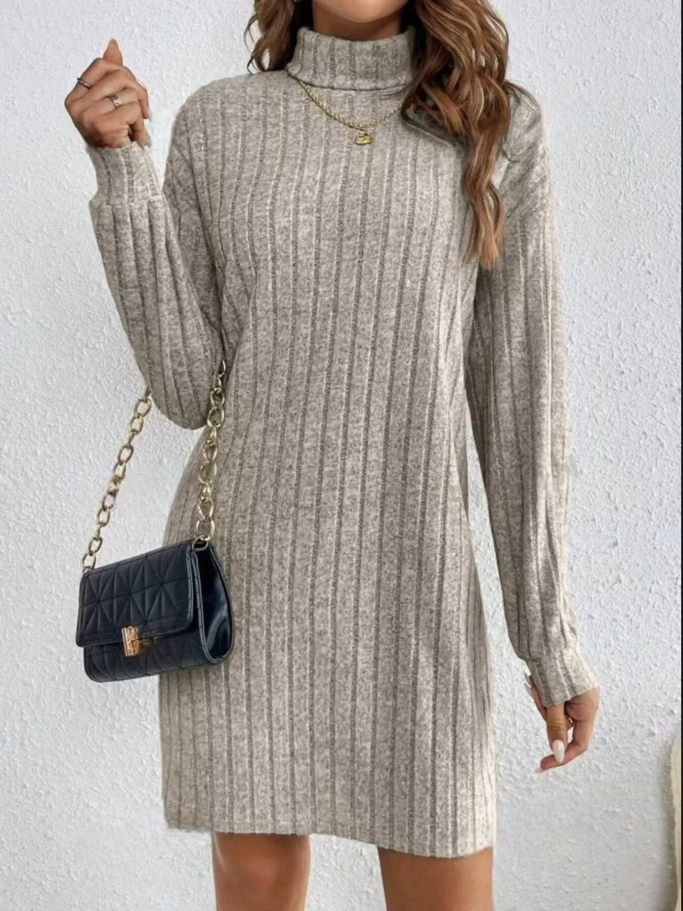 Casual Ribbed Turtleneck Long Sleeve Mini Dress Light Gray / L