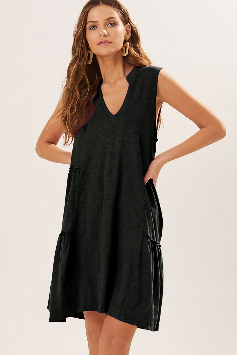 Blue Zone Planet | Moonlight Jade Split V Neck Tiered Flowy Sleeveless Dress Blue Zone Planet