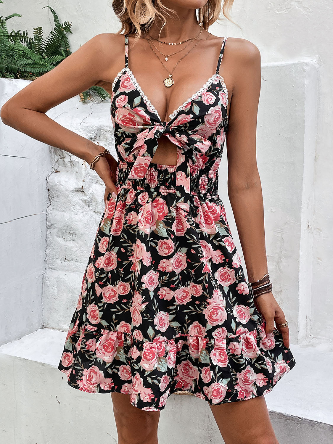 Tied Rose Print Spaghetti Strap Dress BLUE ZONE PLANET