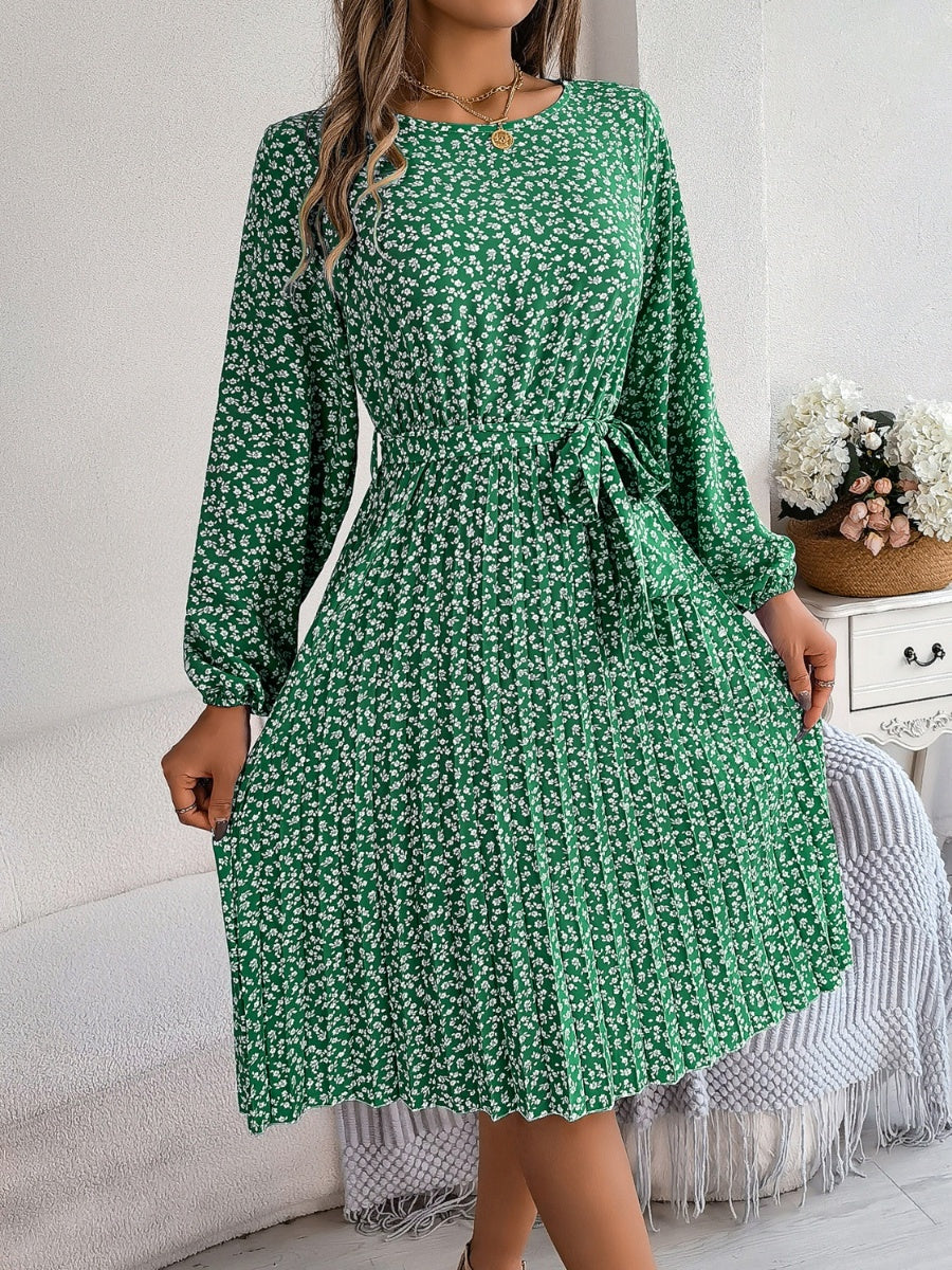 Ditsy Floral Tie Waist Pleated Dress BLUE ZONE PLANET