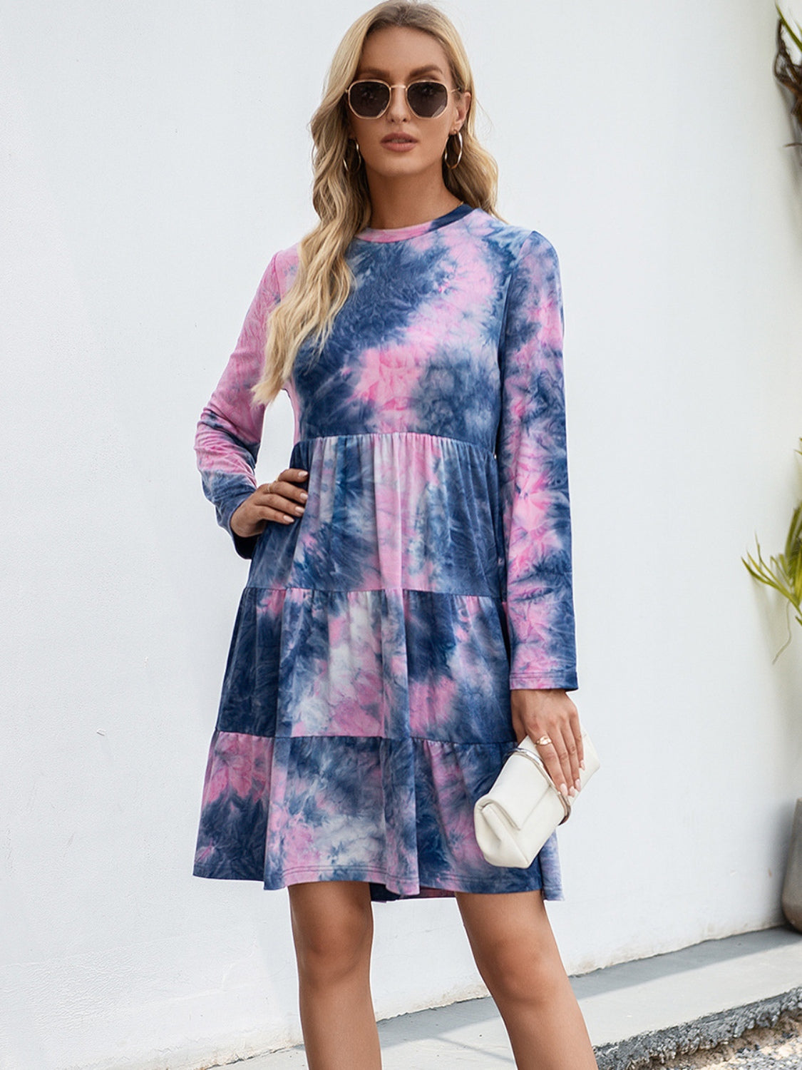 Blue Zone Planet | Tie-Dye Round Neck Long Sleeve Tiered Dress BLUE ZONE PLANET