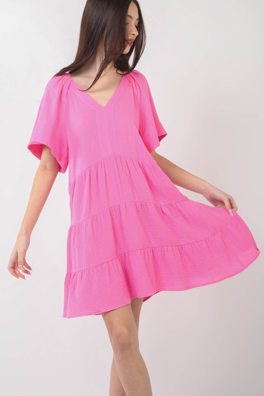 Blue Zone Planet | VERY J Texture V-Neck Ruffled Tiered Dress BLUE ZONE PLANET