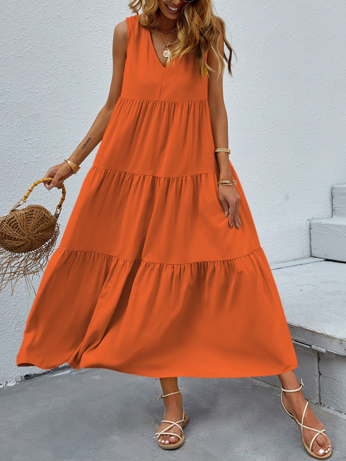 Tiered V-Neck Sleeve Dress BLUE ZONE PLANET