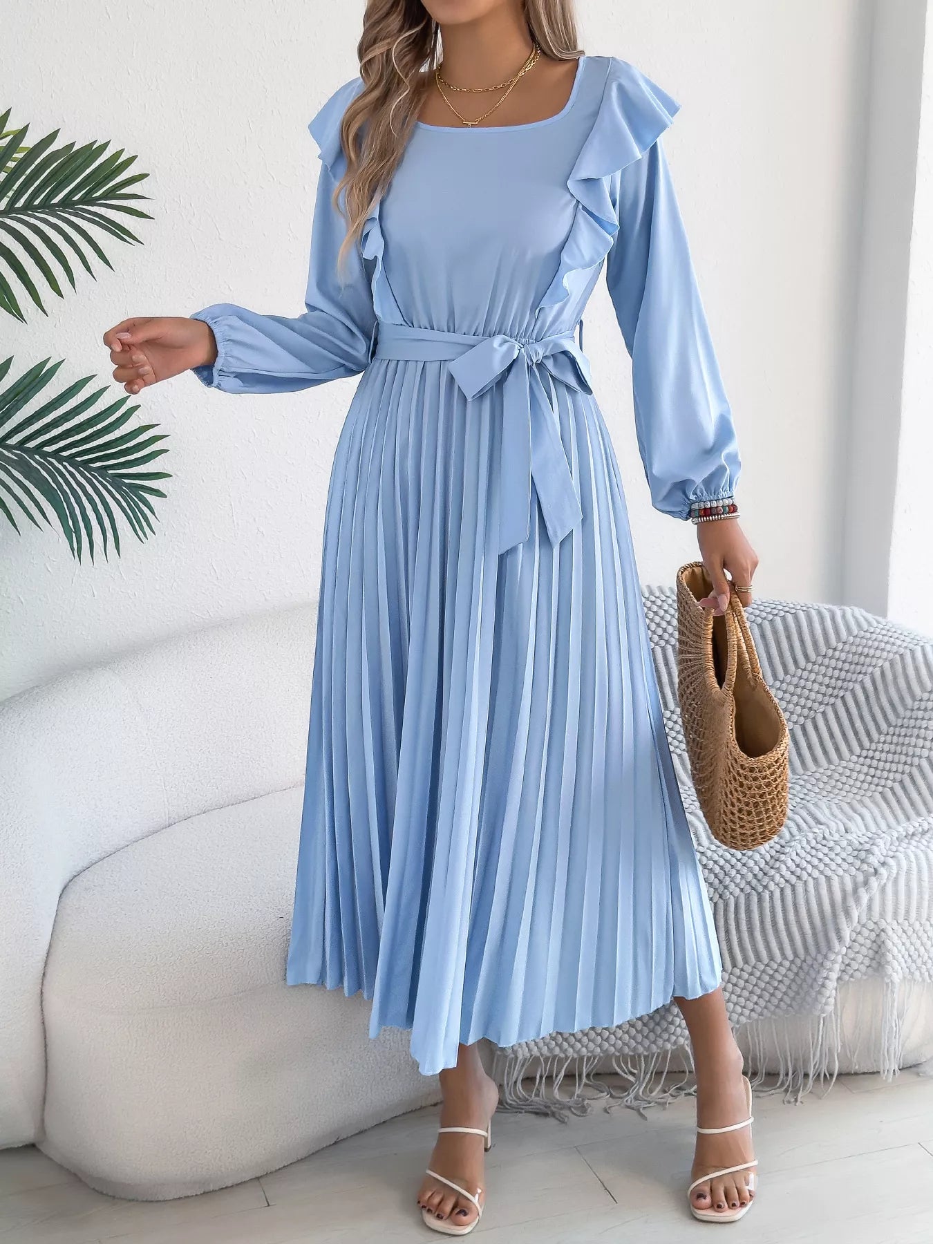 Square Neck Ruffled Long Sleeve Pleated Midi Dress, Blue / S
