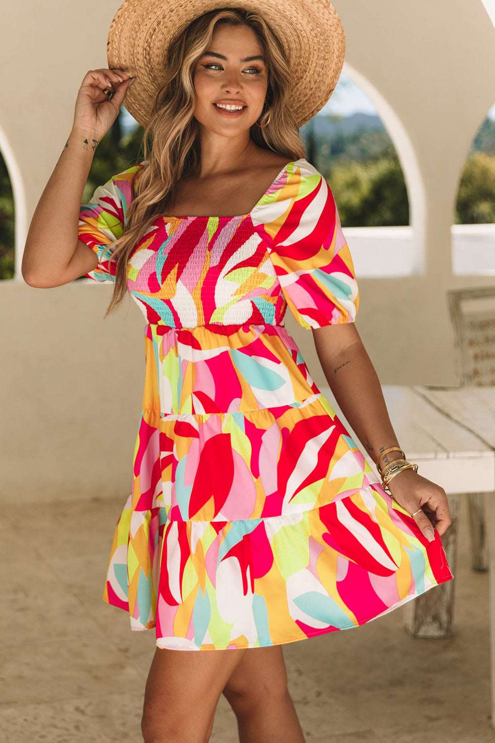 Blue Zone Planet | Multicolor Geometric Print Smocked Babydoll Mini Dress Blue Zone Planet