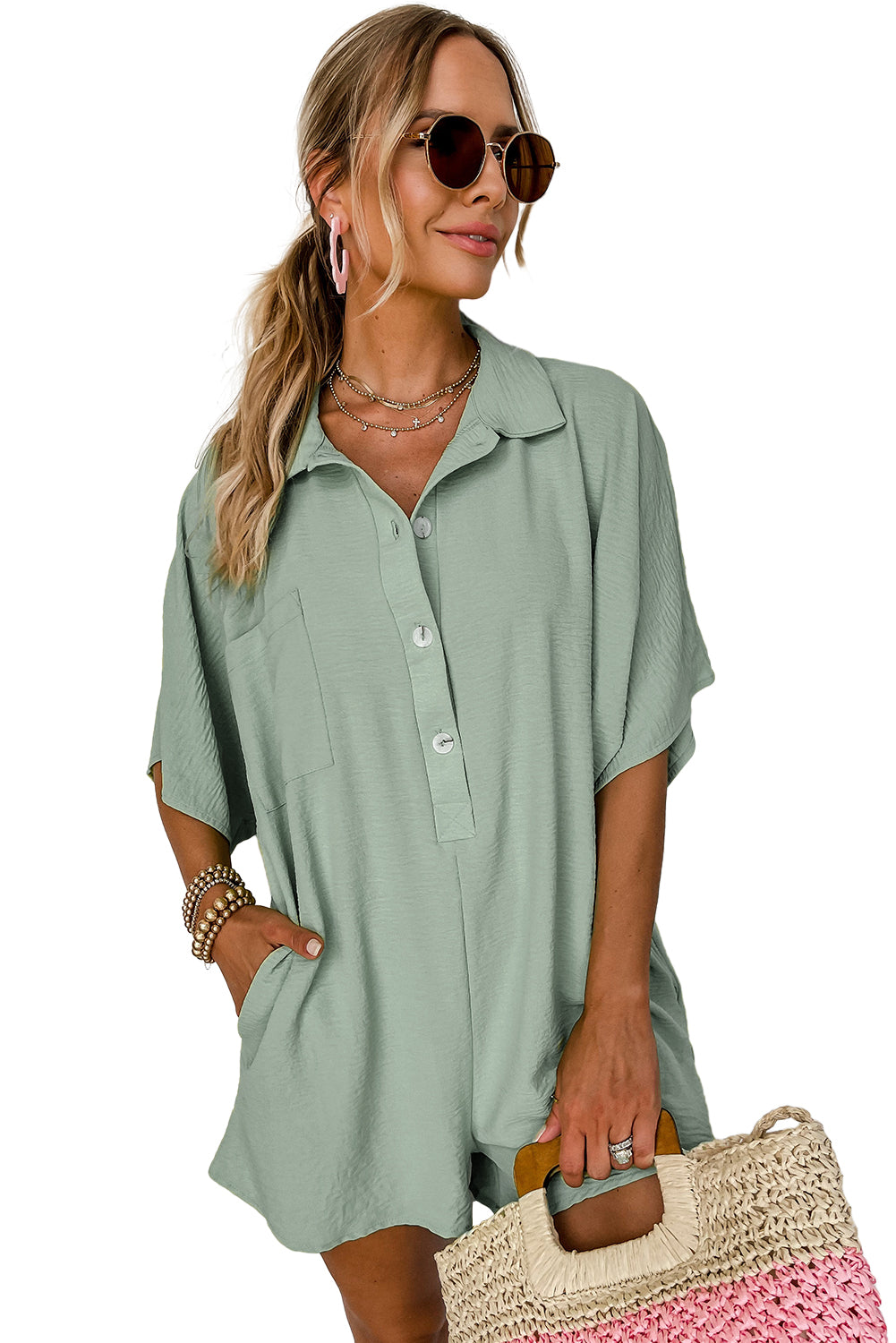Bright Pink Half Button Collared Loose Romper Blue Zone Planet