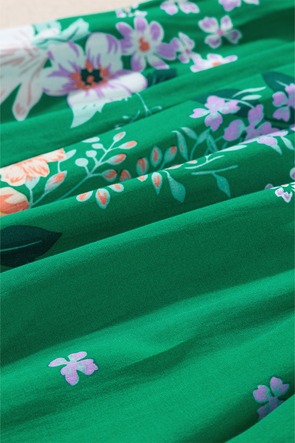 Blue Zone Planet | Green Floral Print Bubble Sleeve Smocked Tiered Midi Dress Blue Zone Planet