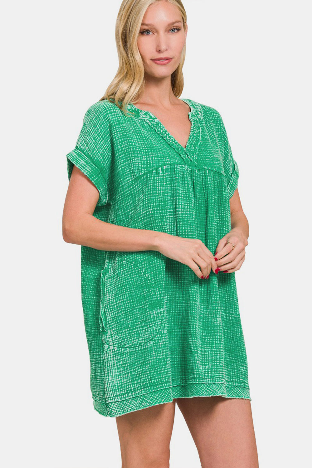 Blue Zone Planet | Zenana Washed Notched Short Sleeve Mini Dress BLUE ZONE PLANET
