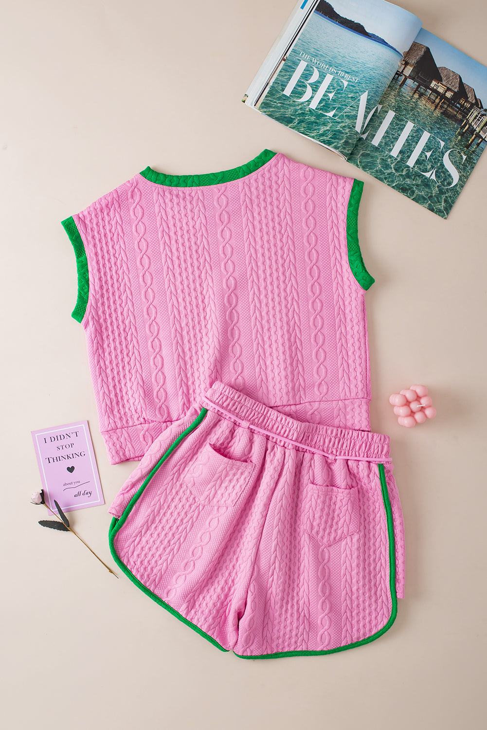 Blue Zone Planet | Green Contrast Trim Cable Textured Shorts Set Blue Zone Planet
