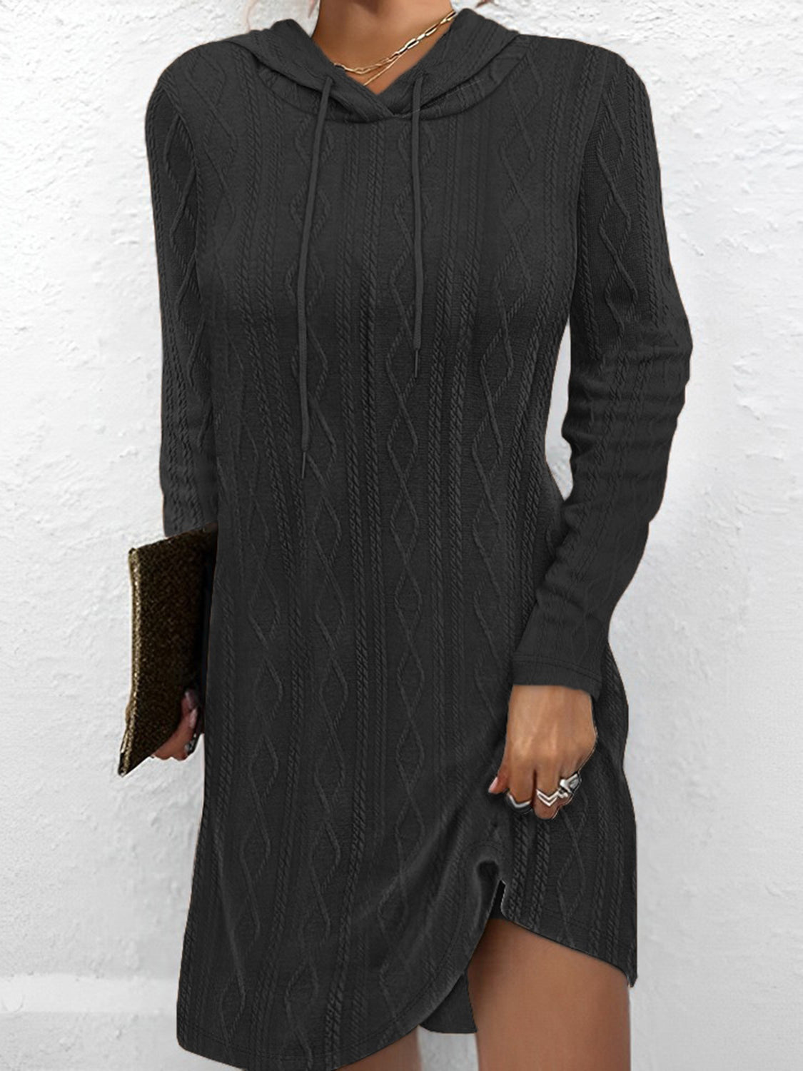 Blue Zone Planet | Textured Drawstring Long Sleeve Hooded Dress BLUE ZONE PLANET