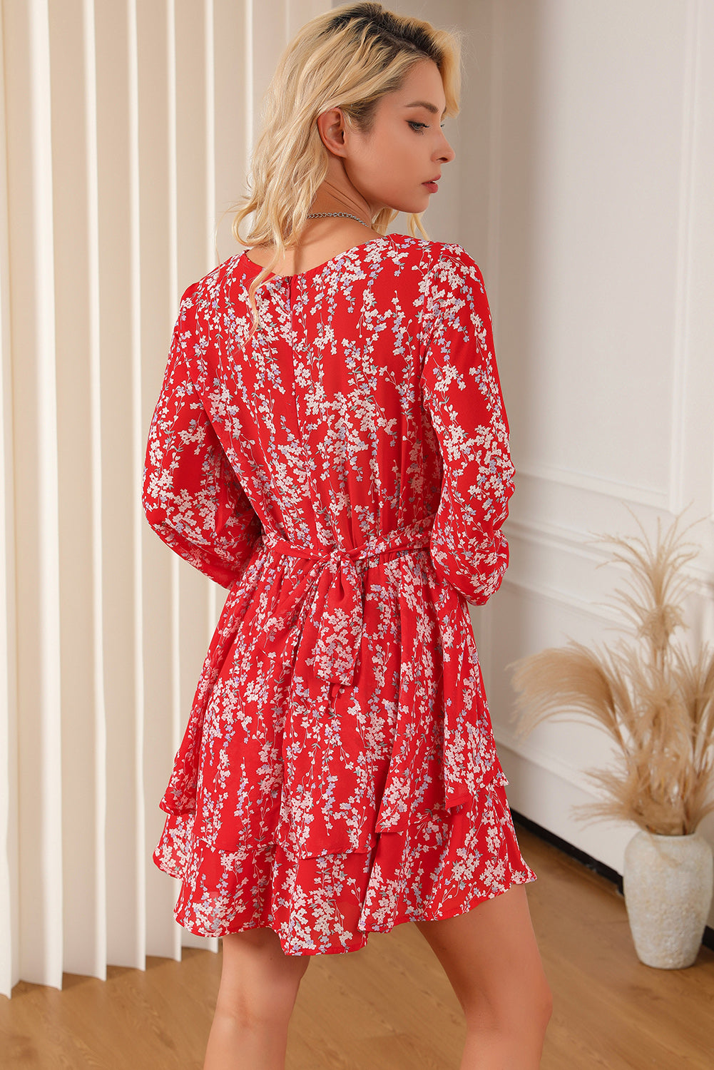 Blue Zone Planet |  Printed Surplice Balloon Sleeve Layered Dress BLUE ZONE PLANET