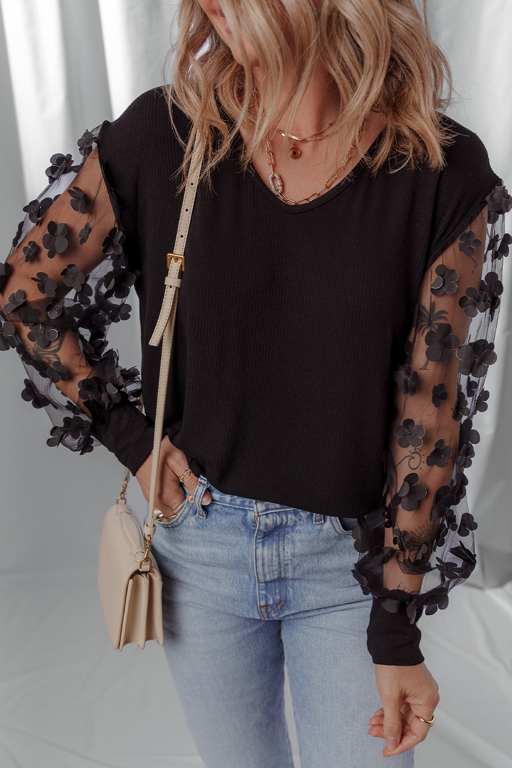 Black Flower Applique Mesh Long Sleeve V Neck Blouse Black / M / 70%Polyester+27%Viscose+3%Elastane