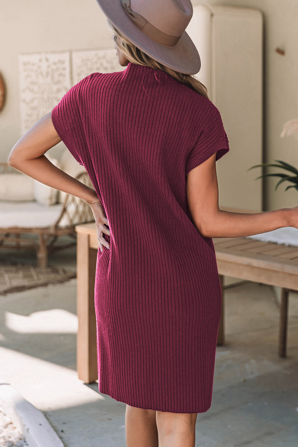 Blue Zone Planet | Oatmeal Patch Pocket Ribbed Knit Short Sleeve Sweater Dress Blue Zone Planet