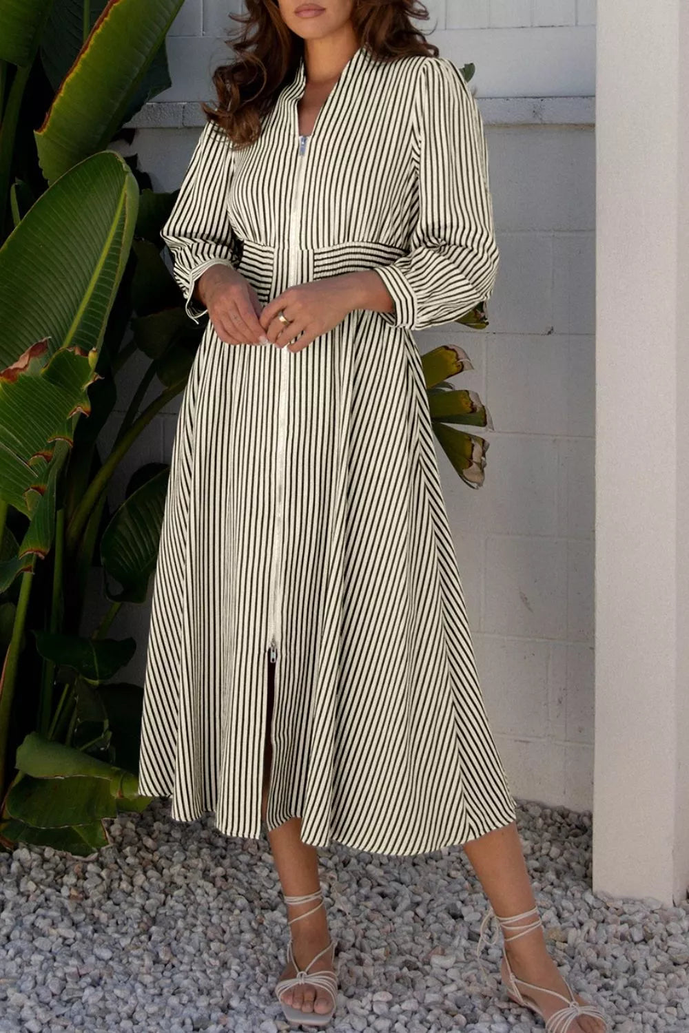 cinched waist midi dress with sleeves Stripe V Neck Zip Front Cinched High Waist Midi Dress