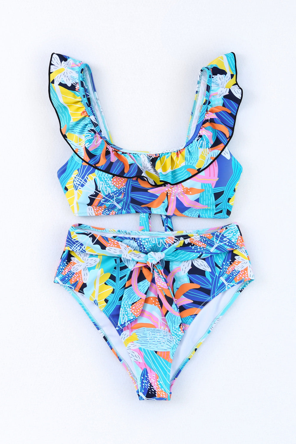 Green Tropical Print Ruffled Square Neck Tie High Waist Swimsuit Blue Zone Planet
