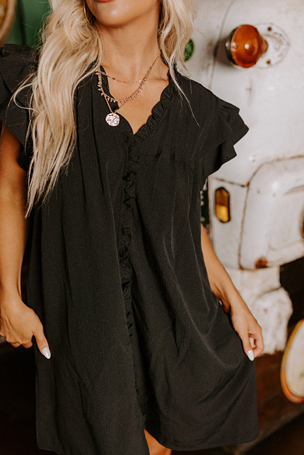 Blue Zone Planet | Black Ruffle Sleeve V Neck Frilled Shift Dress Blue Zone Planet