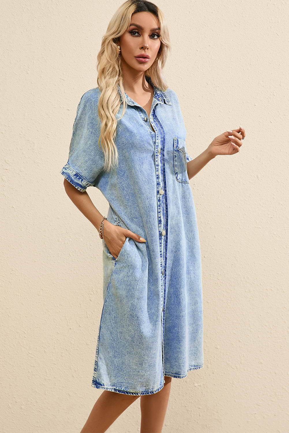 Light Blue Loose Medium Wash Short Sleeve Shirt Chambray Dress Blue Zone Planet