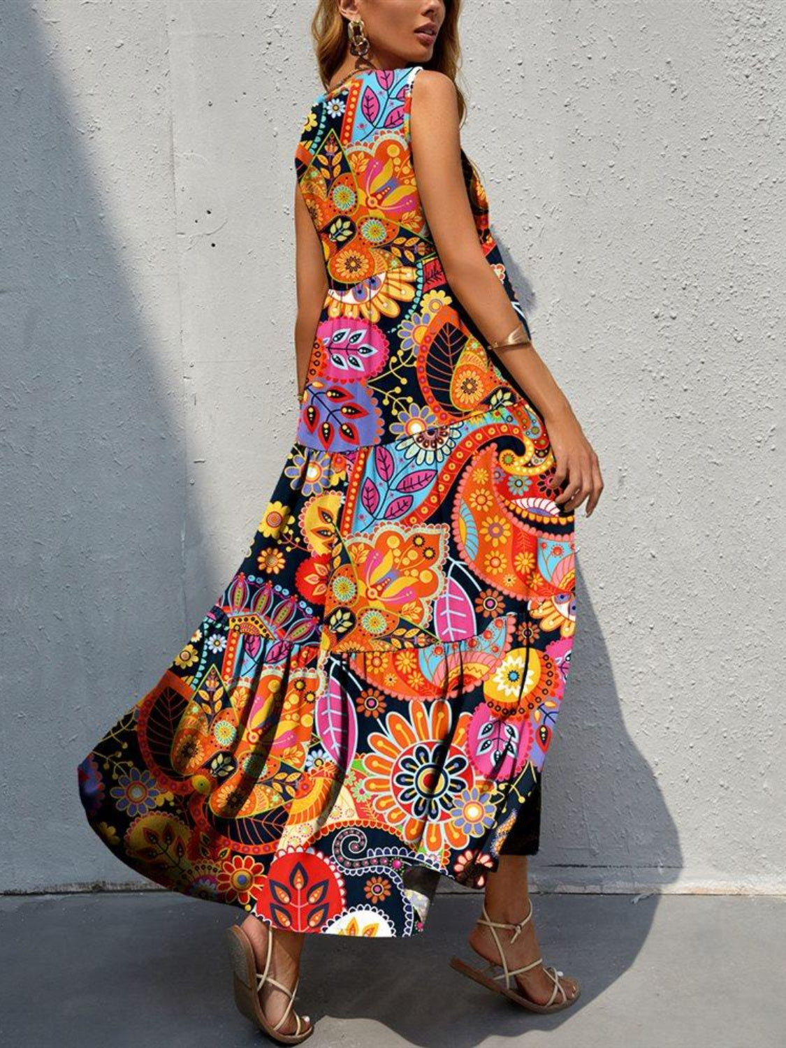Tiered Printed V-Neck Sleeveless Dress BLUE ZONE PLANET
