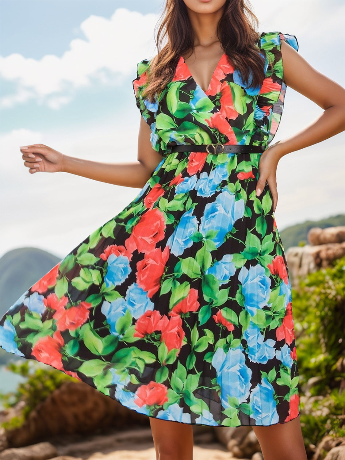 Blue Zone Planet | Ruffled Printed Surplice Cap Sleeve Dress BLUE ZONE PLANET