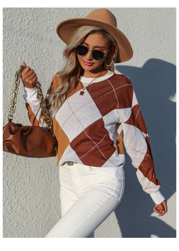 women's round neck pullover knitted diamond checkered sweater kakaclo