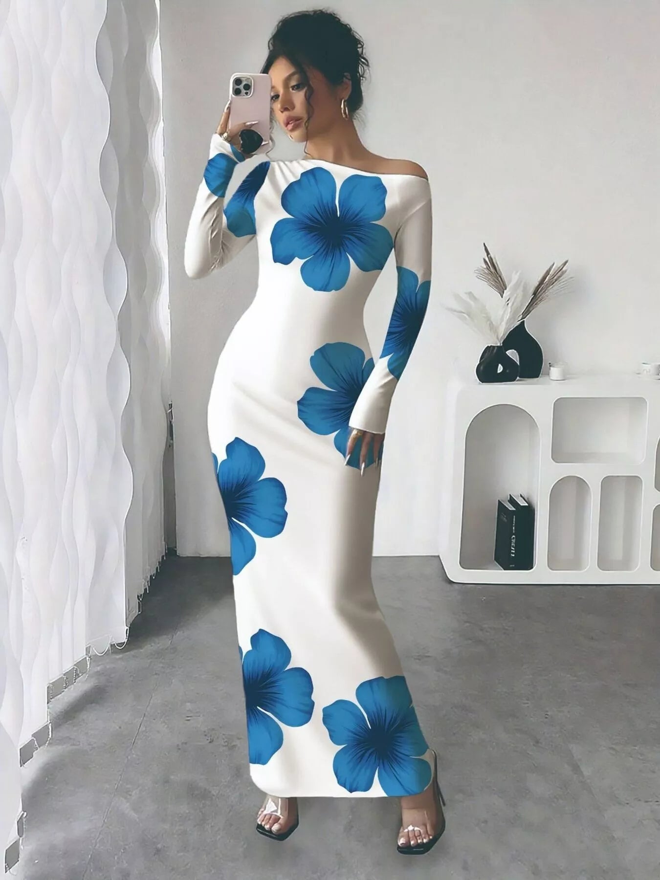 princess polly baby blue dress Floral Print One Shoulder Maxi Dress – Blue Zone Planet