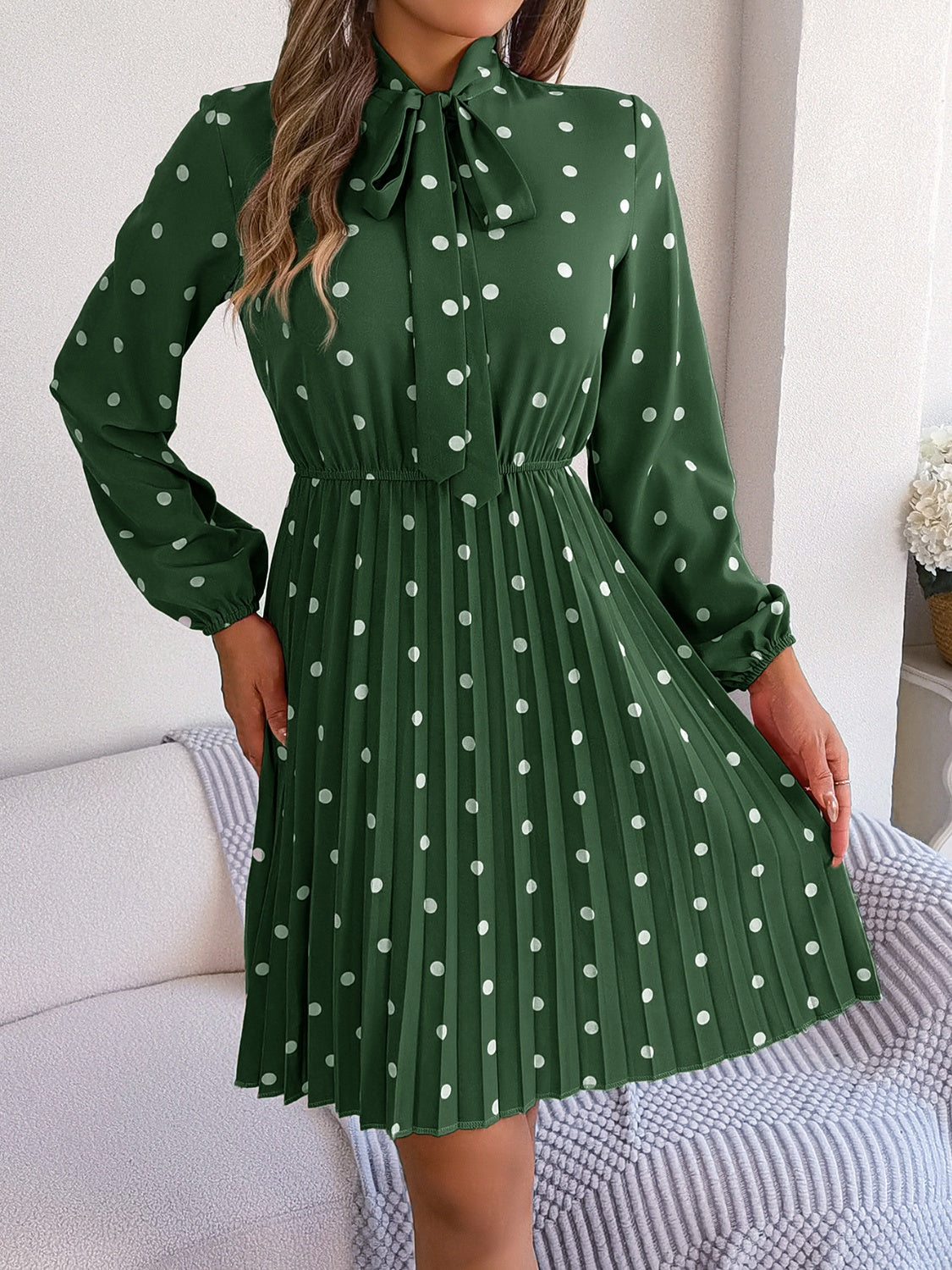 Polka Dot Tie Neck Pleated Dress BLUE ZONE PLANET