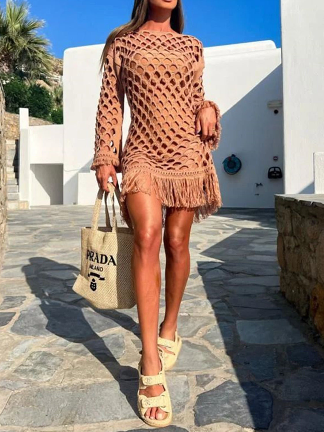 Blue Zone Planet |  Fringe Cutout Long Sleeve Cover Up BLUE ZONE PLANET