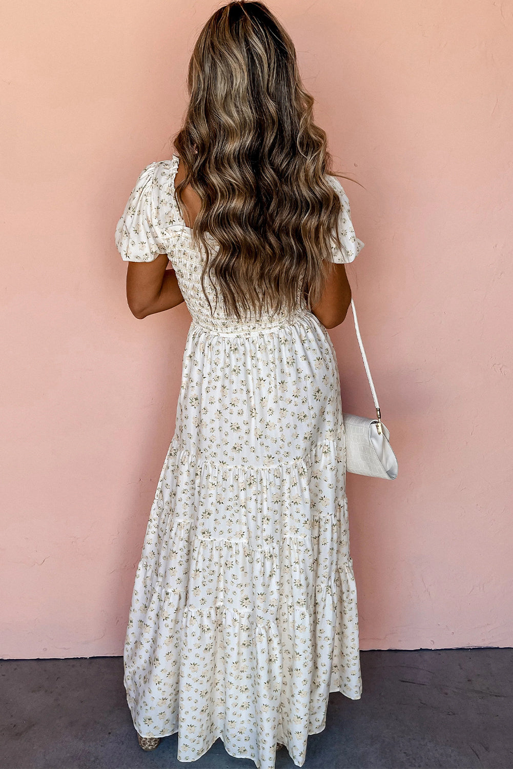 Blue Zone Planet | White Frilly Shirred Bodice Tiered Floral Maxi Dress Blue Zone Planet