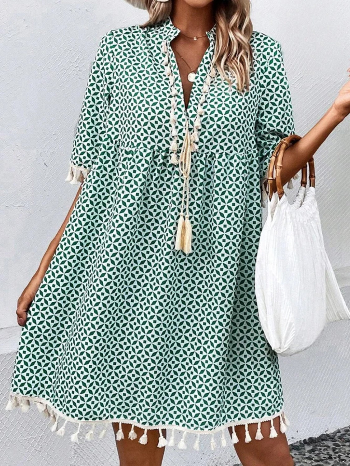 Blue Zone Planet | Tassel Printed Notched Half Sleeve Mini Dress BLUE ZONE PLANET