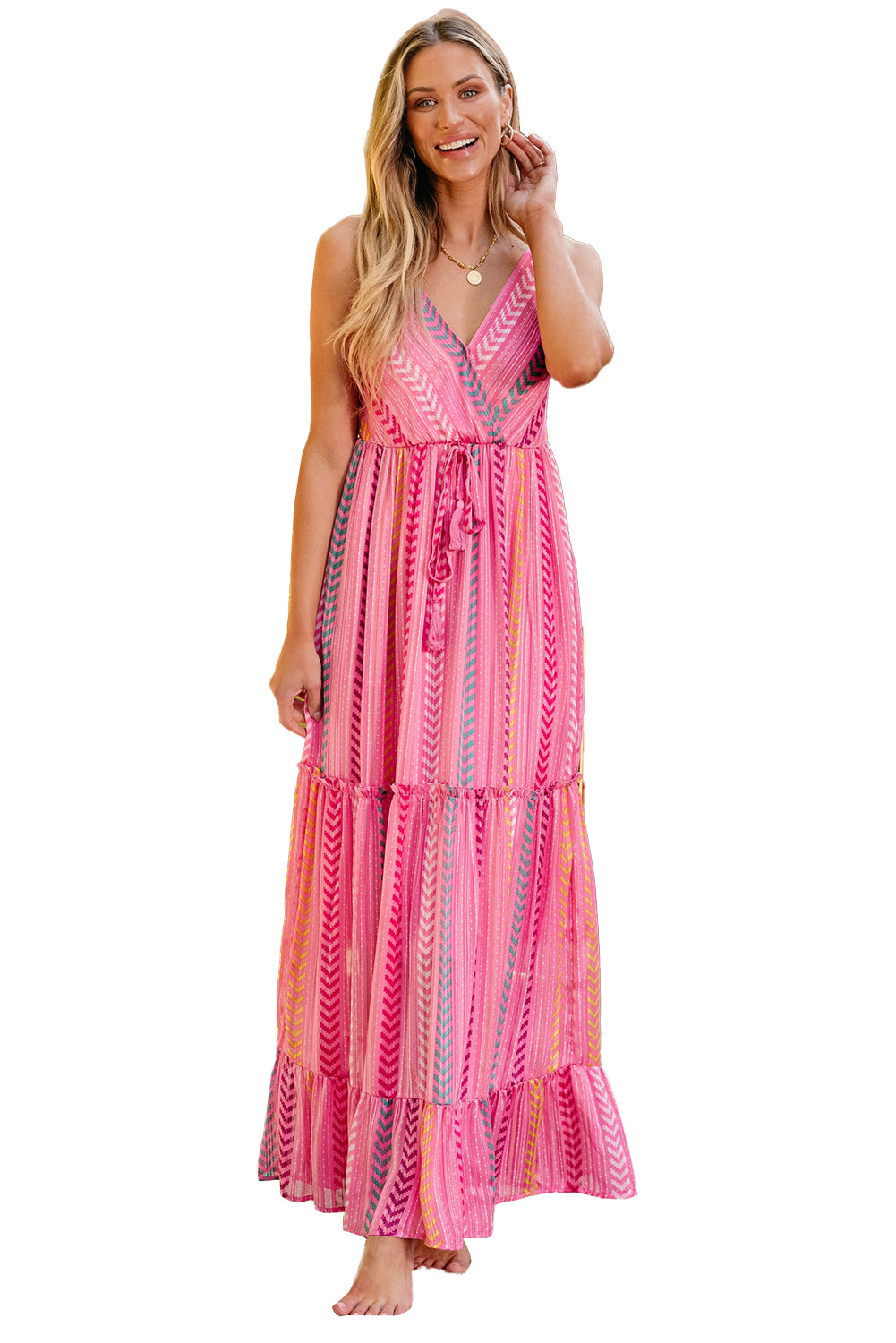 Blue Zone Planet | Pink Western Printed Tassel Tie V Neck Wrap Maxi Dress Blue Zone Planet