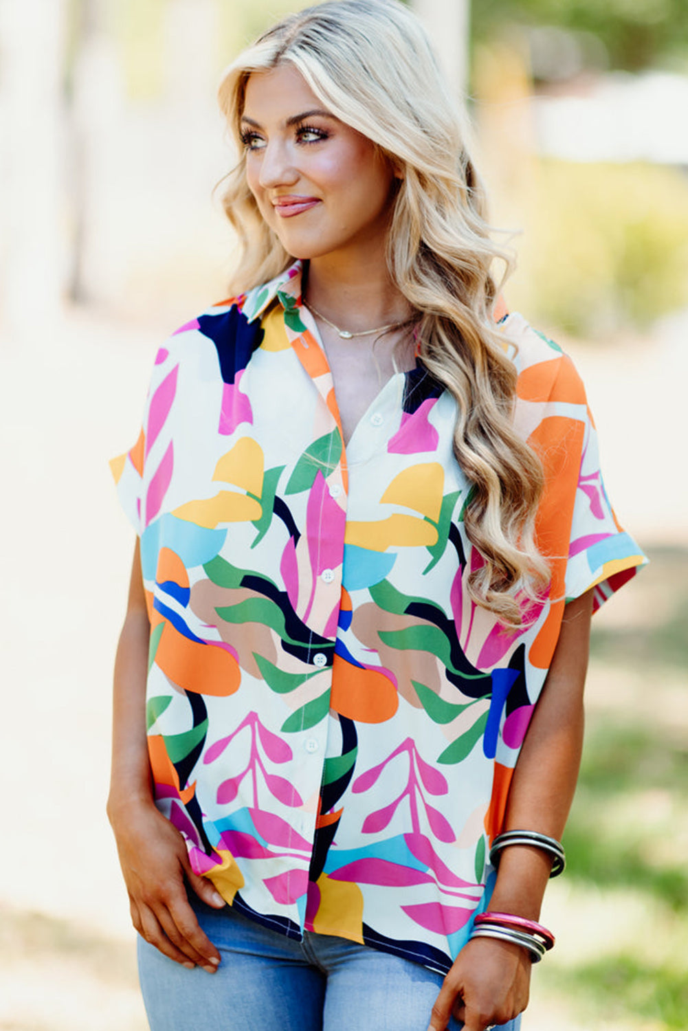 Blue Zone Planet | Multicolour Abstract Leafy Print Short Sleeve Shirt Blue Zone Planet