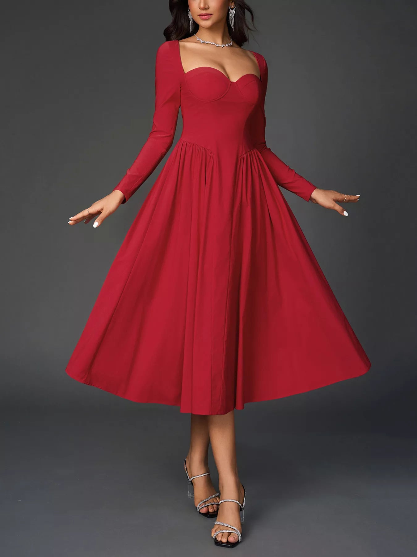 Sweetheart Neckline Long Sleeve A-Line Midi Dress  Blue Zone Planet