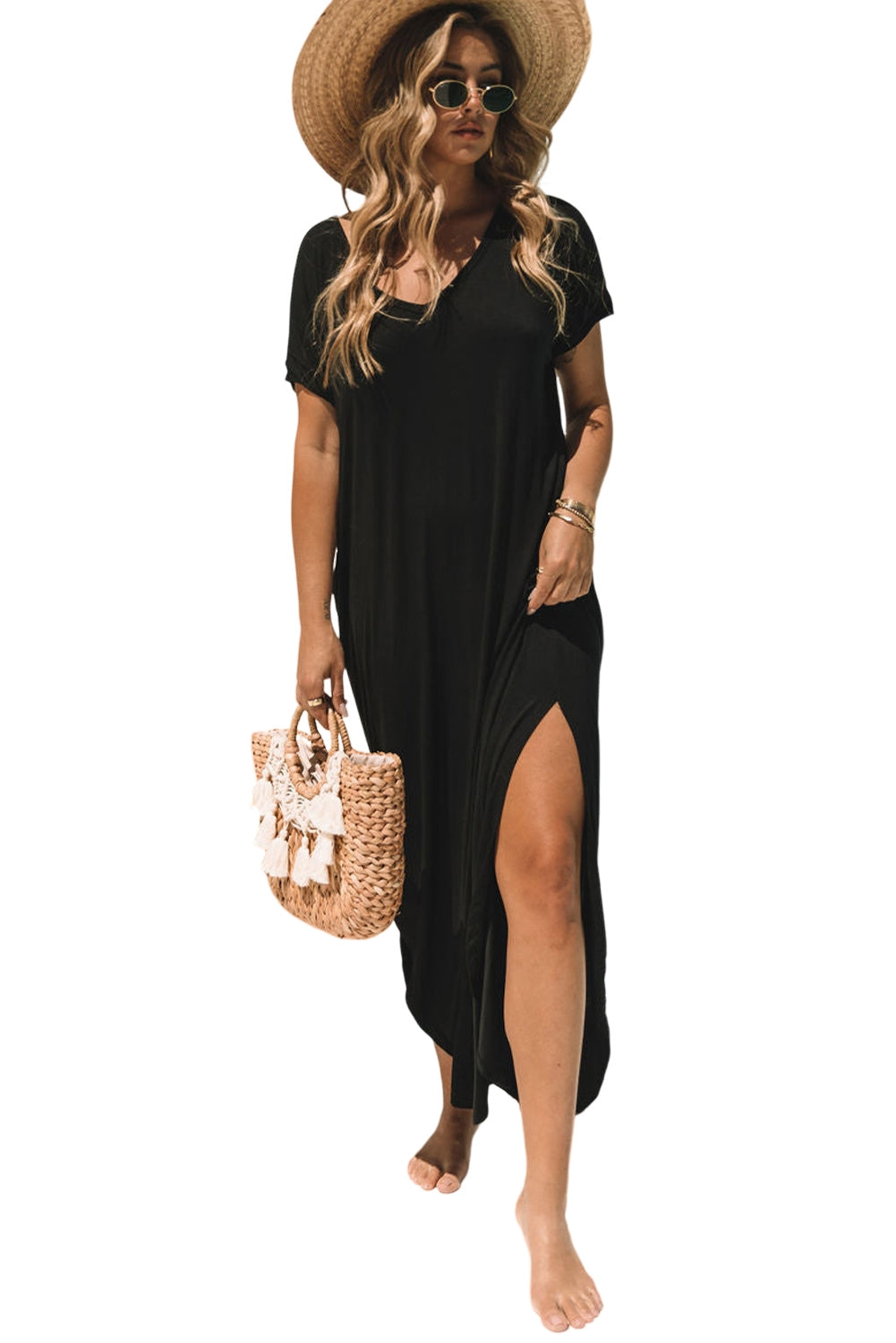 Blue Zone Planet | Black V Neck Hidden Pocket Splits Maxi T-shirt Dress Blue Zone Planet