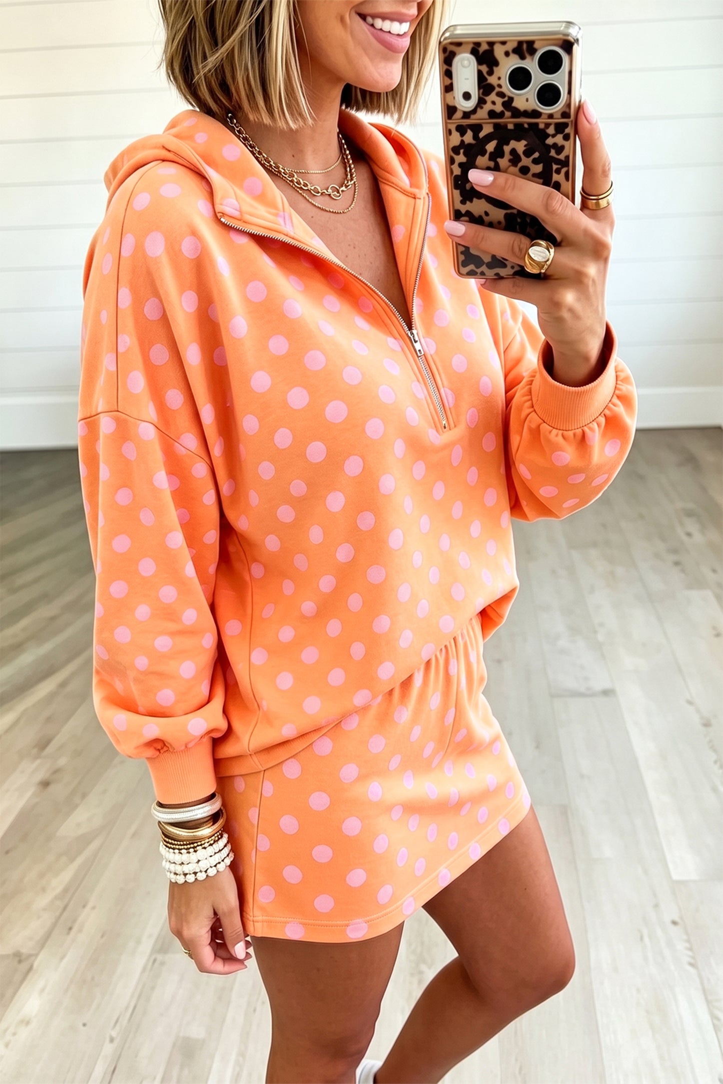 Khaki Polka Dot Hooded Long Sleeve Top Casual Mini Skort Set