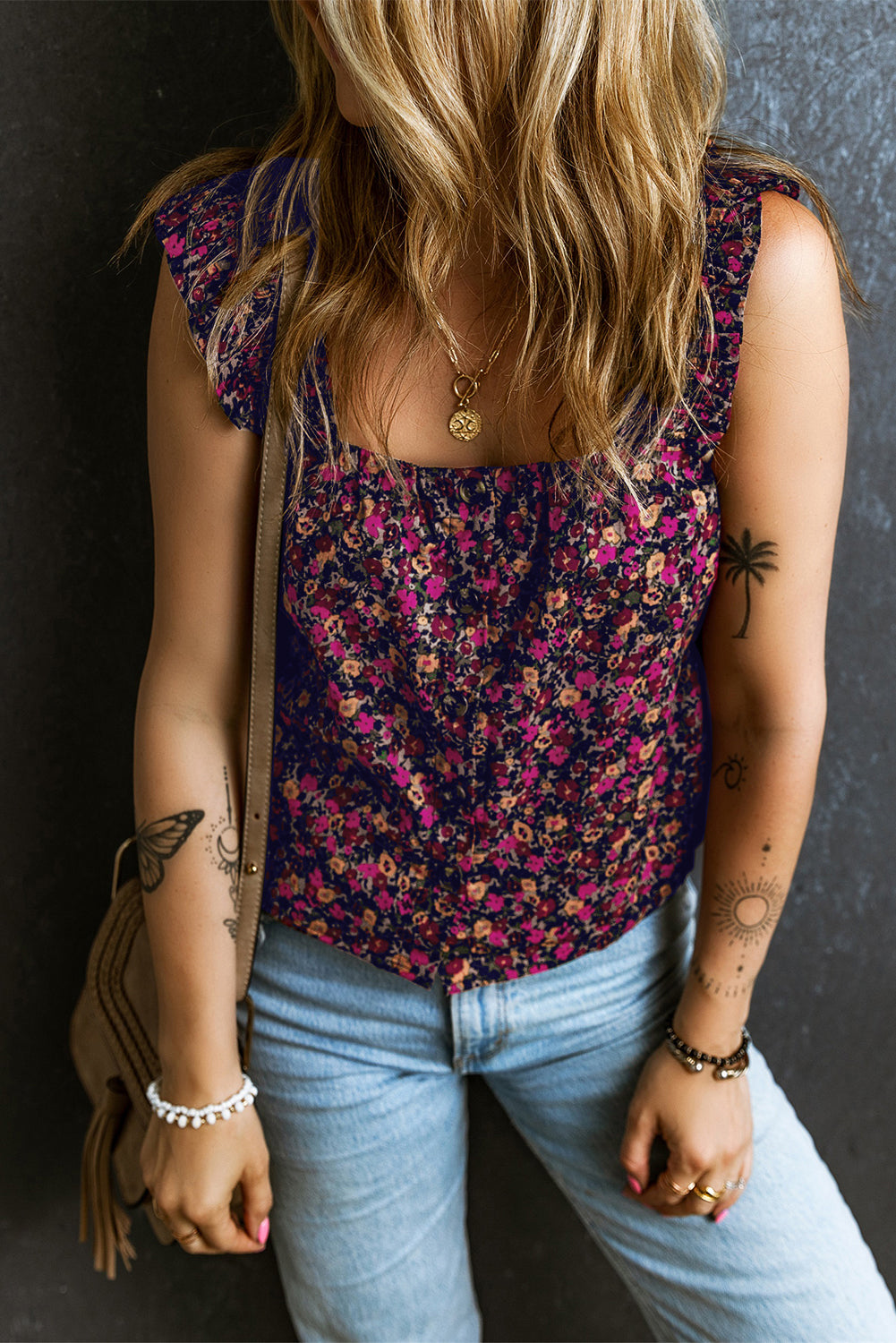 Blue Zone Planet | Rose Boho Frilled Straps Floral Tank Top Blue Zone Planet