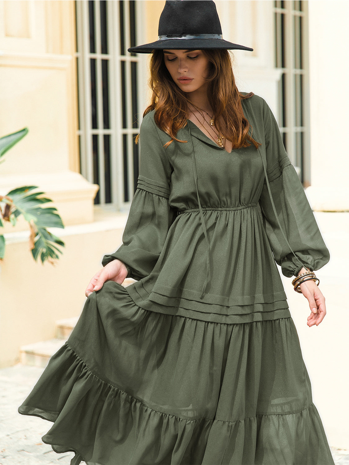 Tie Neck Long Sleeve Midi Tiered Dress BLUE ZONE PLANET