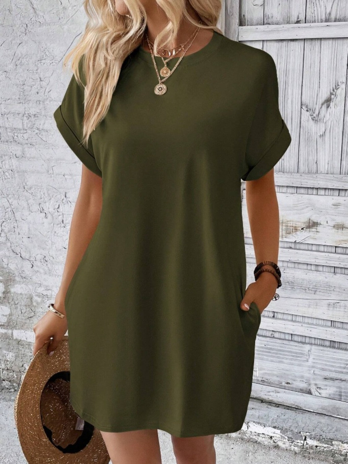 Pocketed Round Neck Short Sleeve Dress BLUE ZONE PLANET
