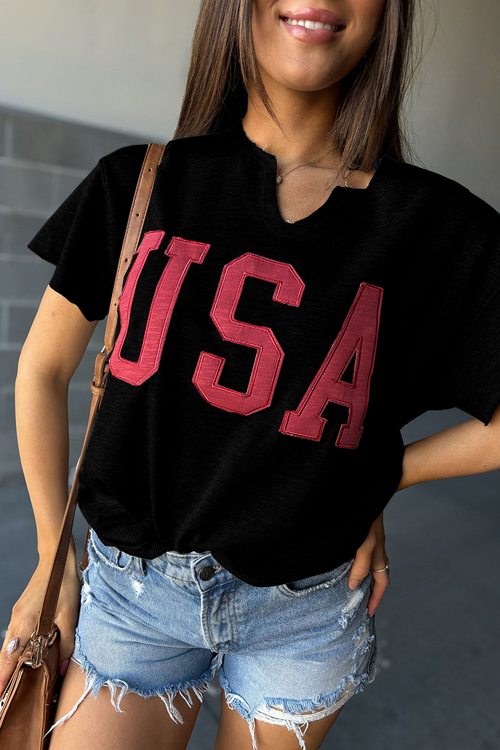 Blue Zone Planet | Black USA Lettering Patch Notched Neck Loose Tee Blue Zone Planet