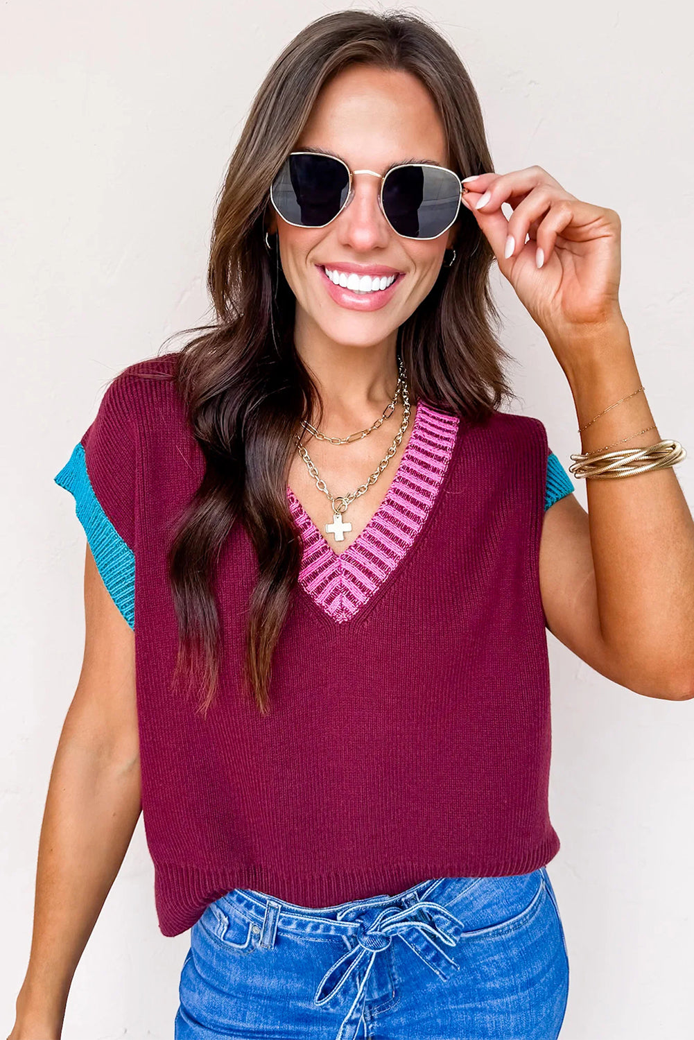Burgundy Contrast Trim V Neck Cuffed Short Sleeve Loose Sweater