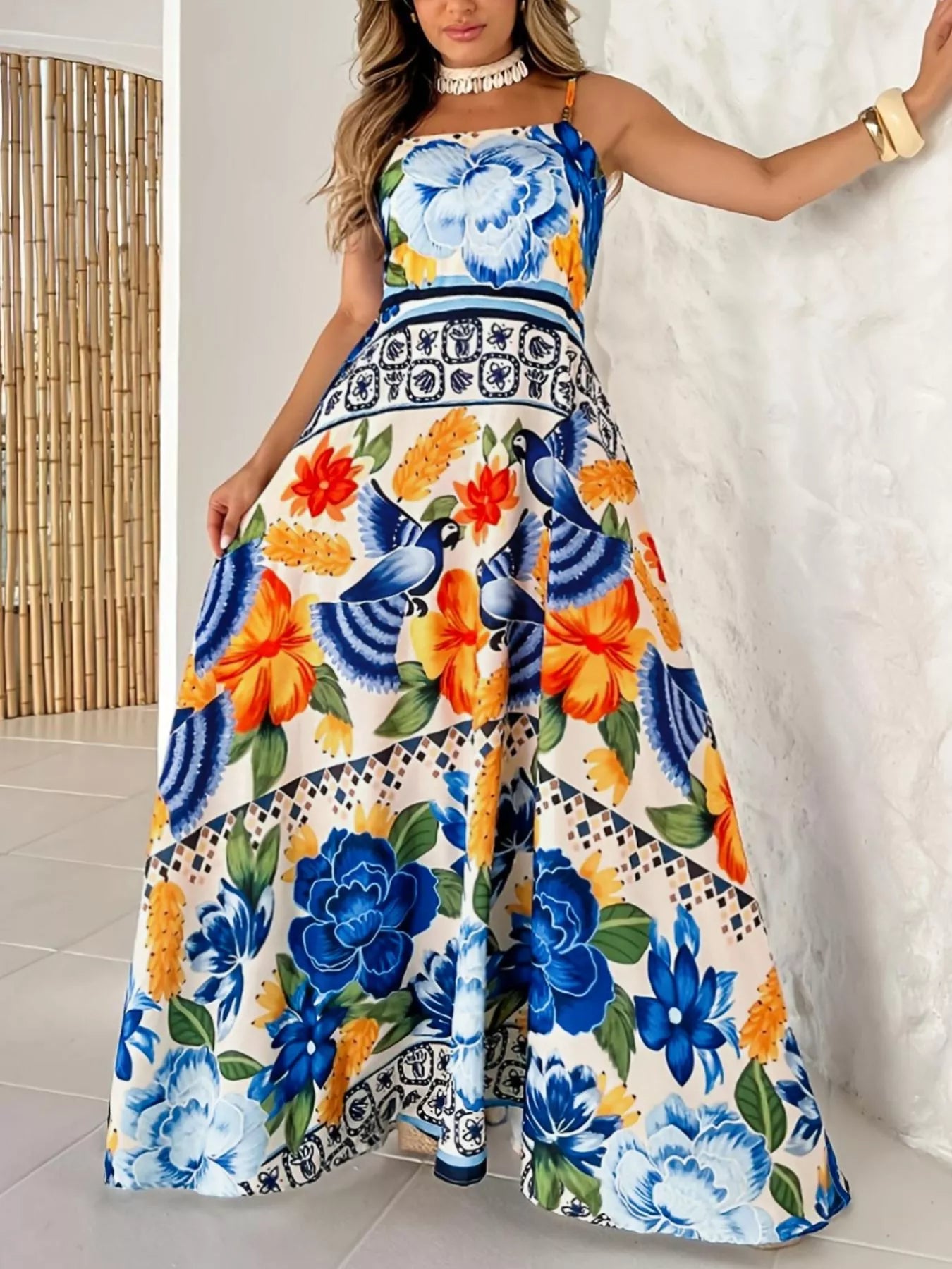 plus size spaghetti strap maxi dress Plus Size Floral Print Spaghetti Strap Maxi Dress Royal Blue / 4XL by Blue Zone Planet