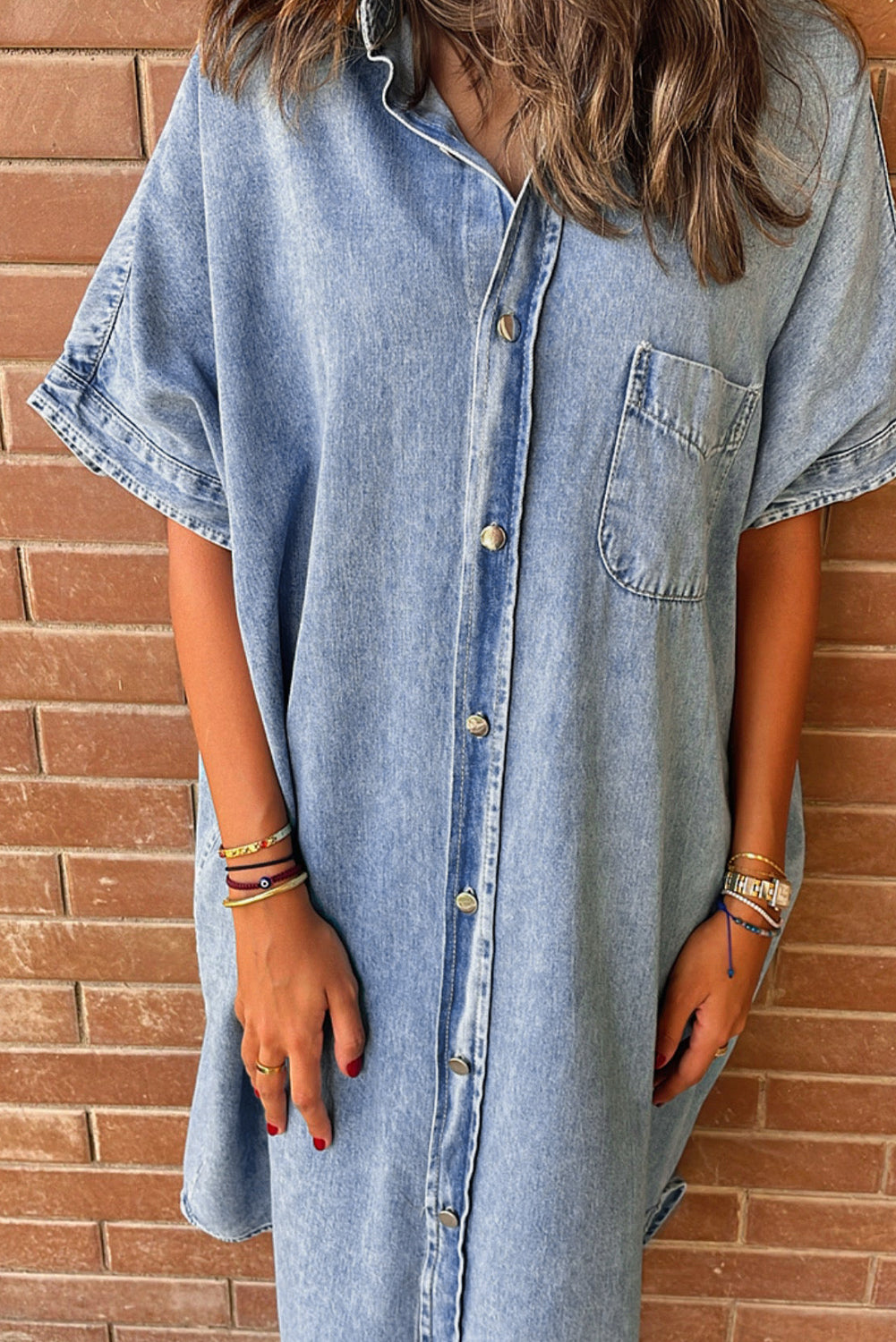 Light Blue Loose Medium Wash Short Sleeve Shirt Chambray Dress Blue Zone Planet