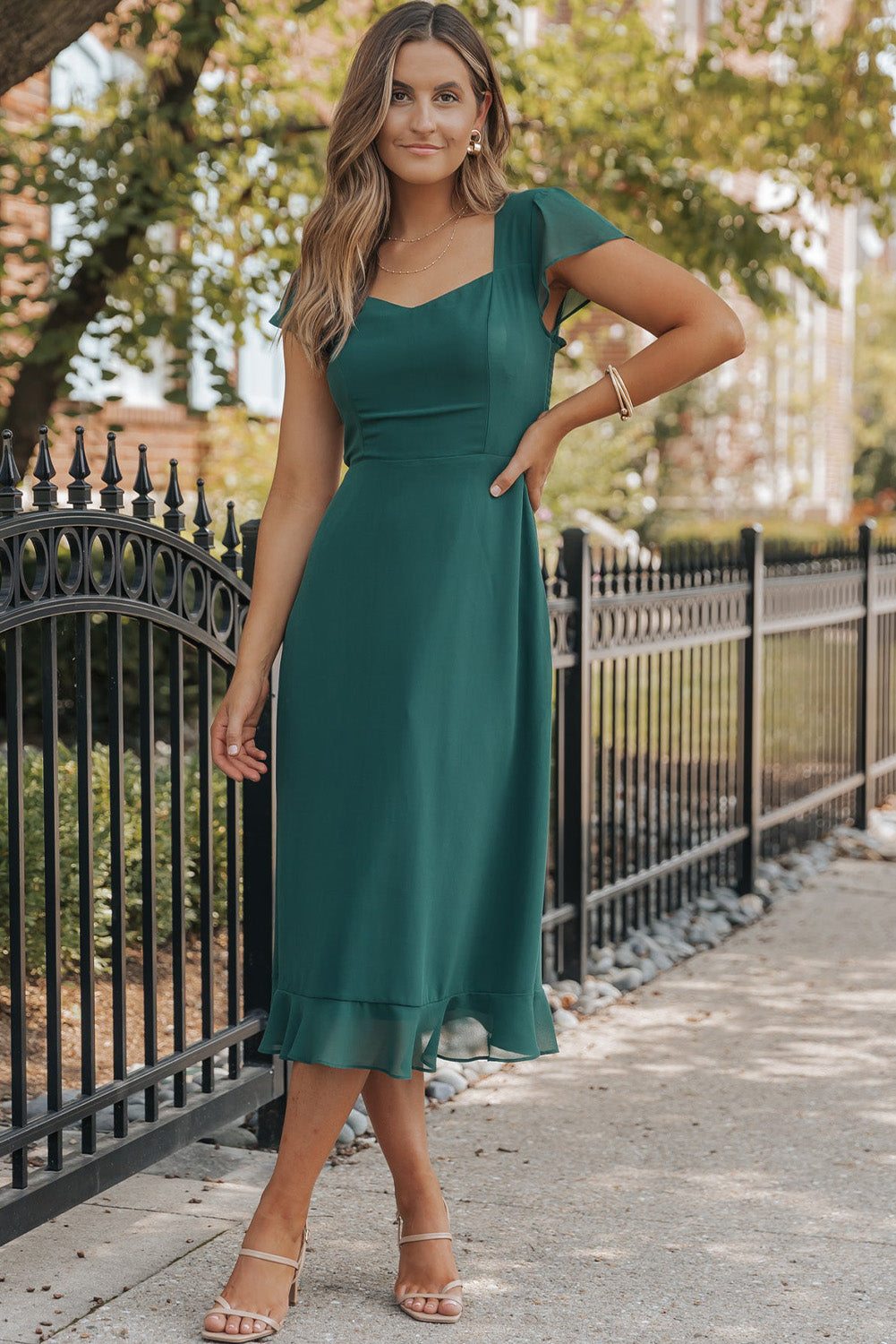 Sea Green Shirred Open Back Sweetheart Neck Ruffled Midi Dress Blue Zone Planet