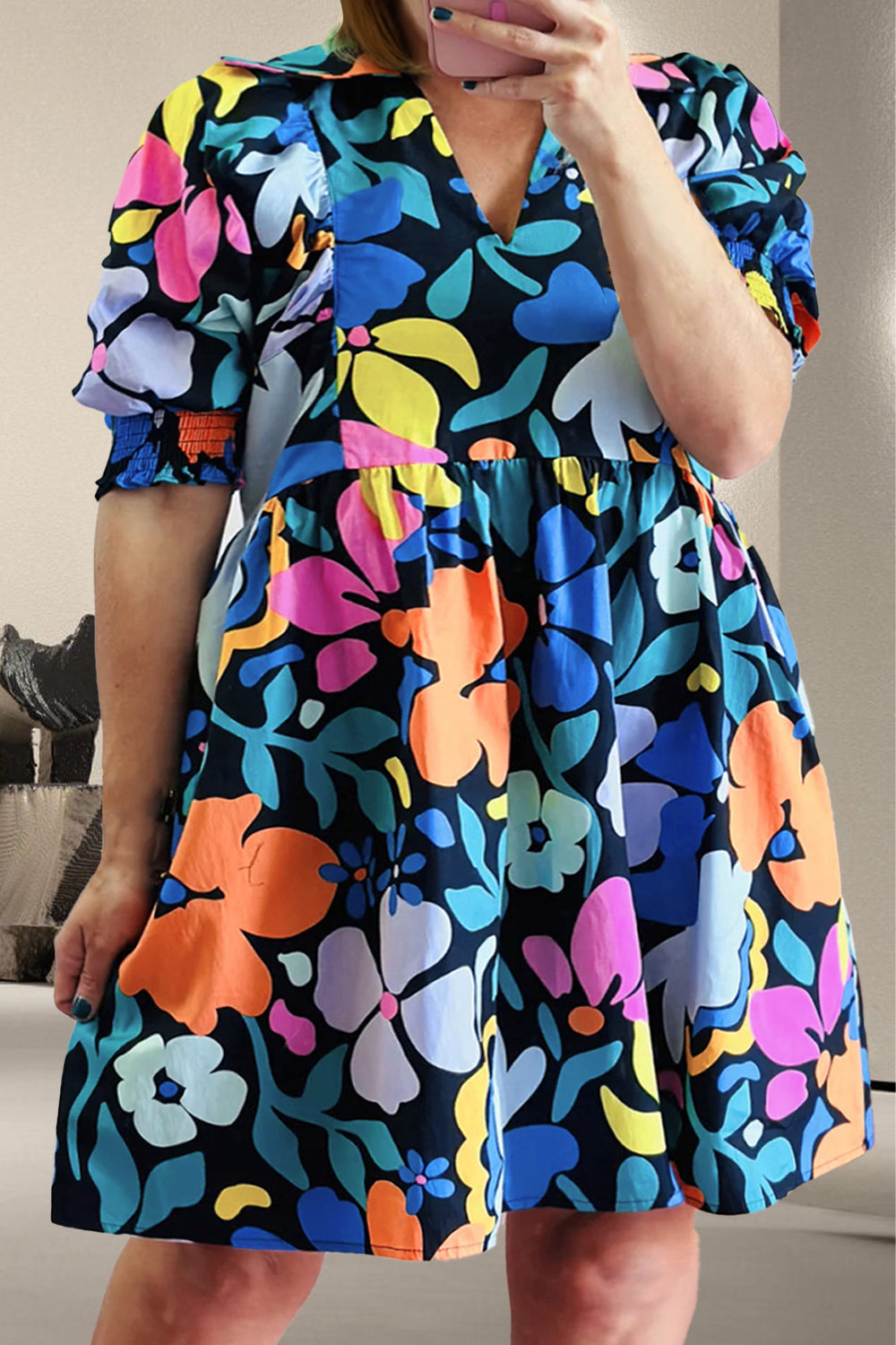 Blue Zone Planet | Plus Size Printed V-Neck Short Sleeve Mini Dress BLUE ZONE PLANET