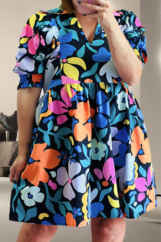 Blue Zone Planet |  Plus Size Printed V-Neck Short Sleeve Mini Dress BLUE ZONE PLANET