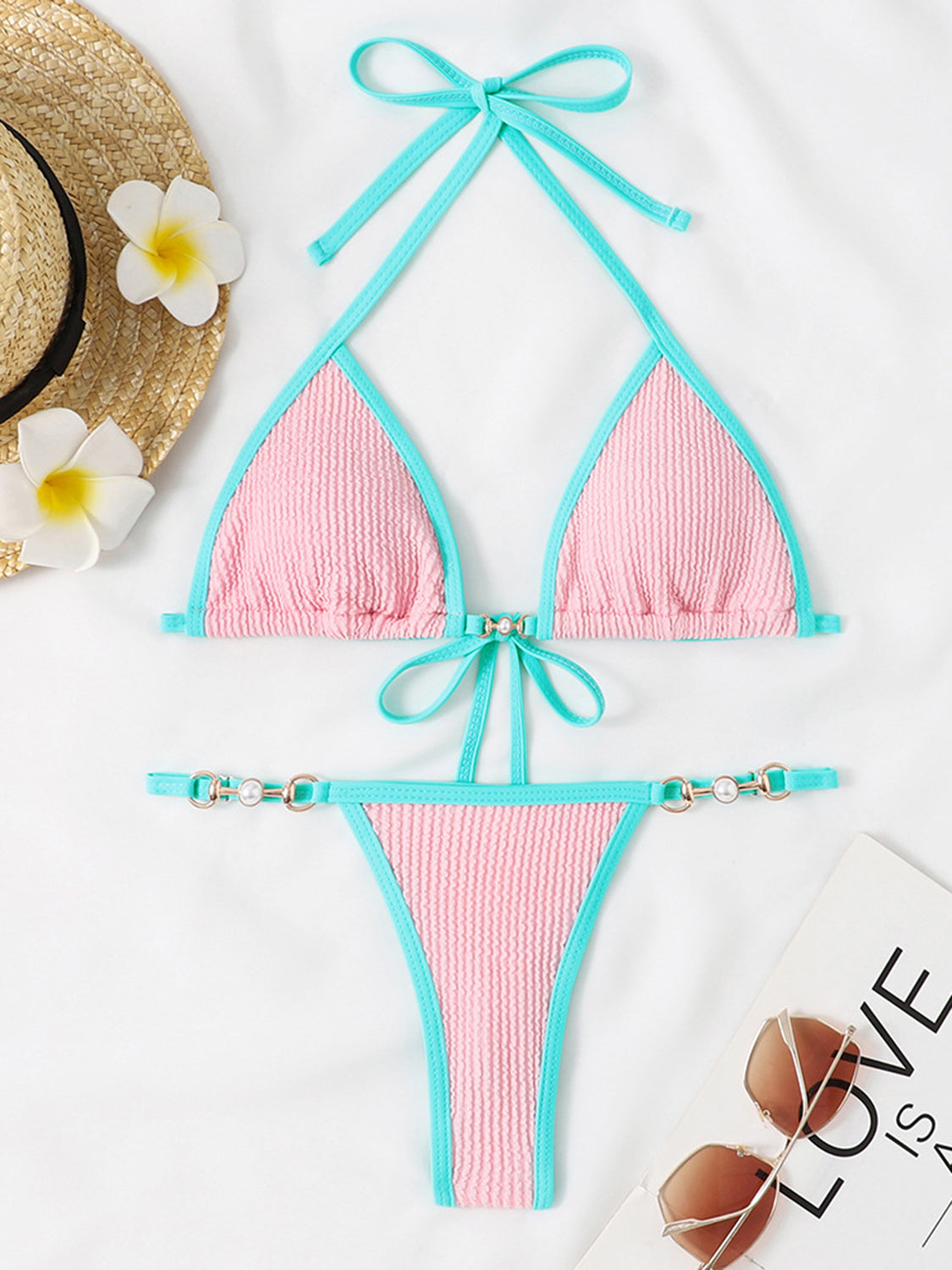 Blue Zone Planet | Stella's Textured Contrast Halter Neck Two-Piece Bikini Set BLUE ZONE PLANET