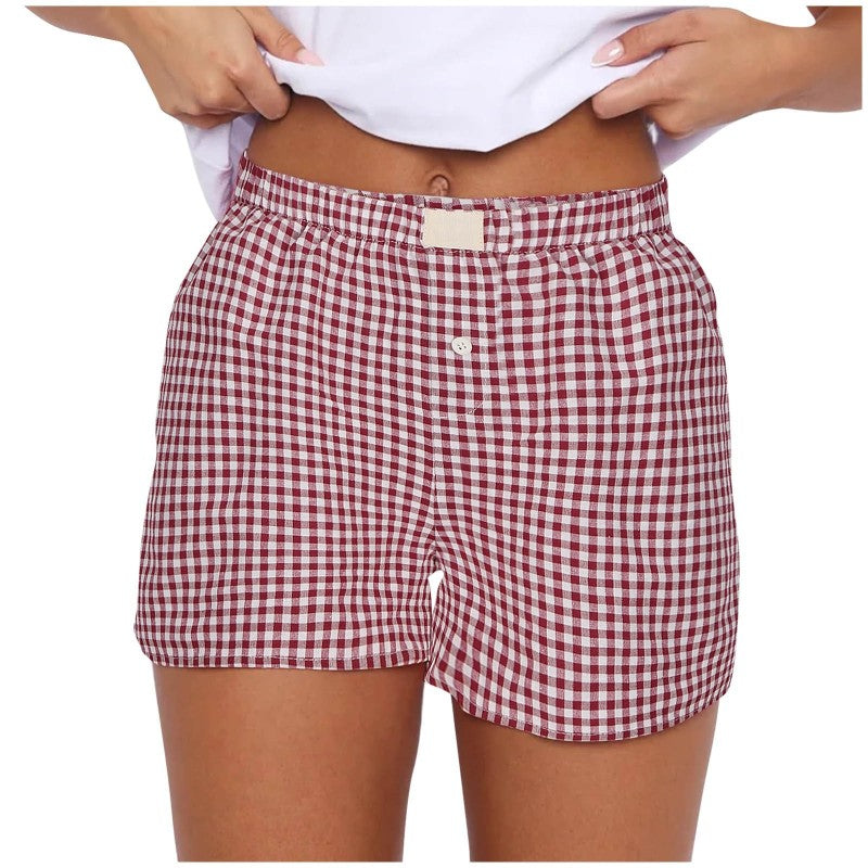 Blue Zone Planet | Women's casual and comfortable high-waisted loose wide-leg retro plaid shorts kakaclo
