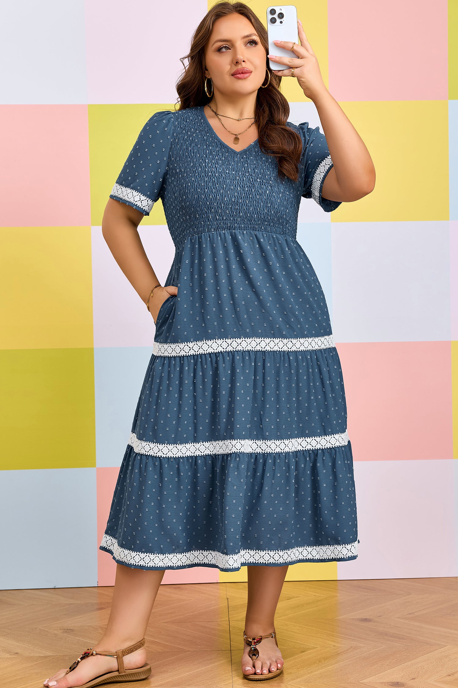 Dusk Blue Plus Size V Neck Swiss Dot Lace Patchwork Detail Flared Midi – Blue Zone Planet