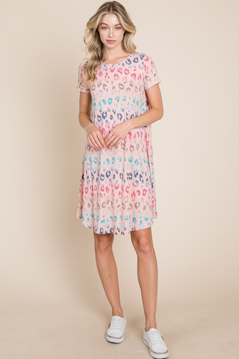 Blue Zone Planet | BOMBOM Leopard Round Neck Short Sleeve Dress BLUE ZONE PLANET