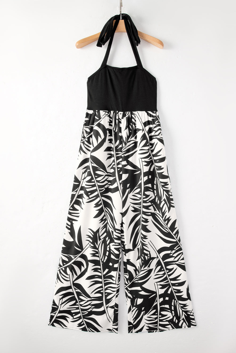 Black Halter Tropical Plant Print Wide Leg Jumpsuit Blue Zone Planet